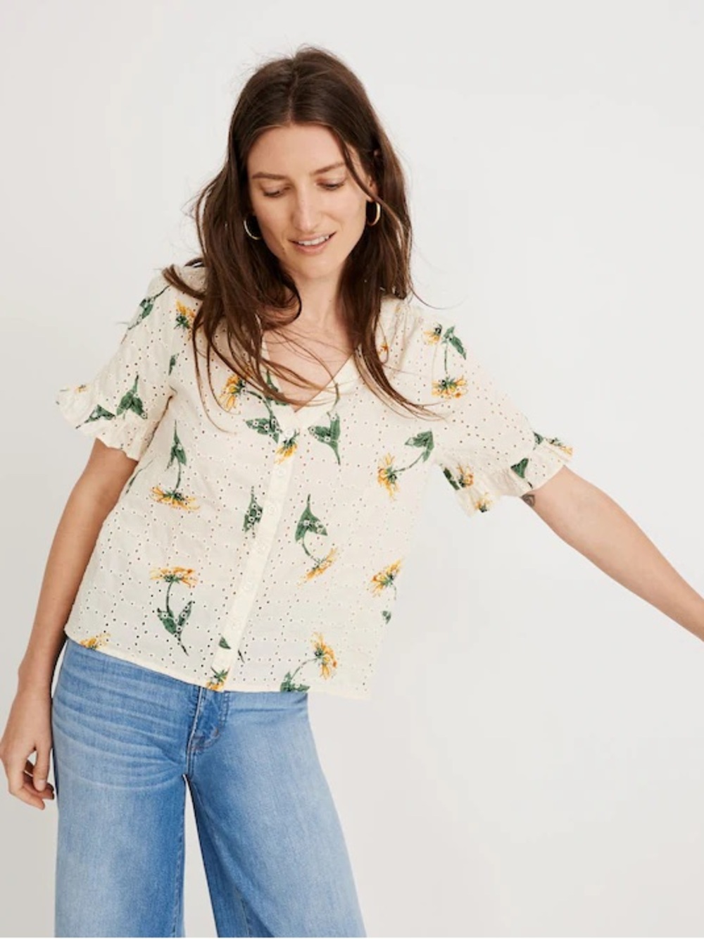 Madewell 100% Cotton Eyelet Village Ruffle-Sleeve Shirt in Sunflower Scatter